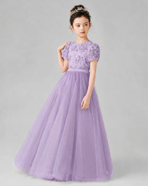 Dideyttawl Formal Dress with Puff Sleeves Floral Lace Bodice and Tulle Skirt