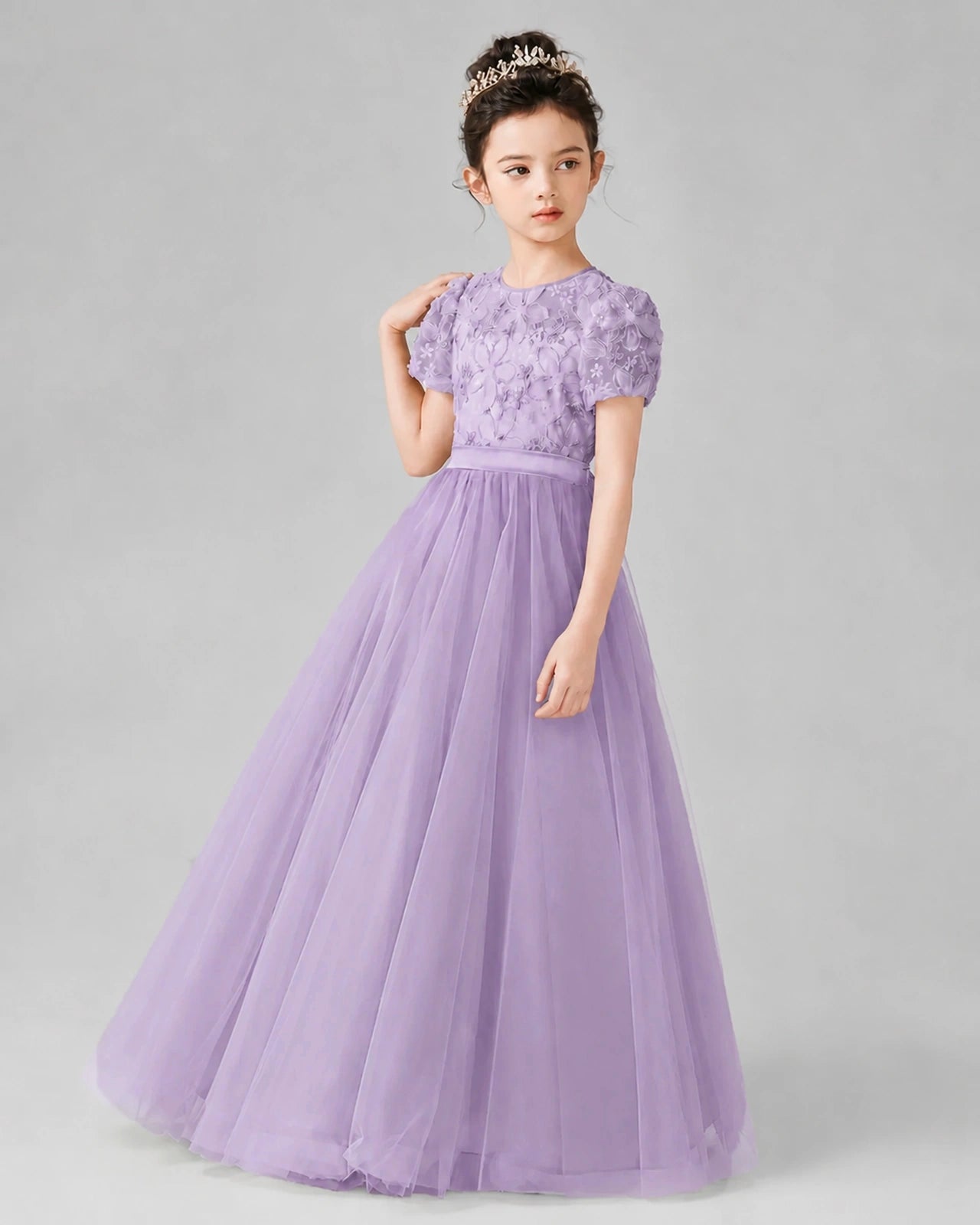 Dideyttawl Formal Dress with Puff Sleeves Floral Lace Bodice and Tulle Skirt