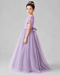 Dideyttawl Formal Dress with Puff Sleeves Floral Lace Bodice and Tulle Skirt