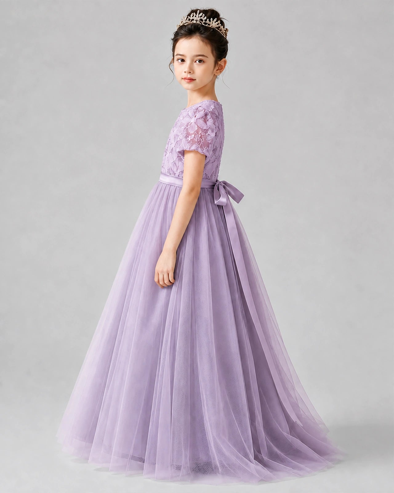 Dideyttawl Formal Dress with Puff Sleeves Floral Lace Bodice and Tulle Skirt