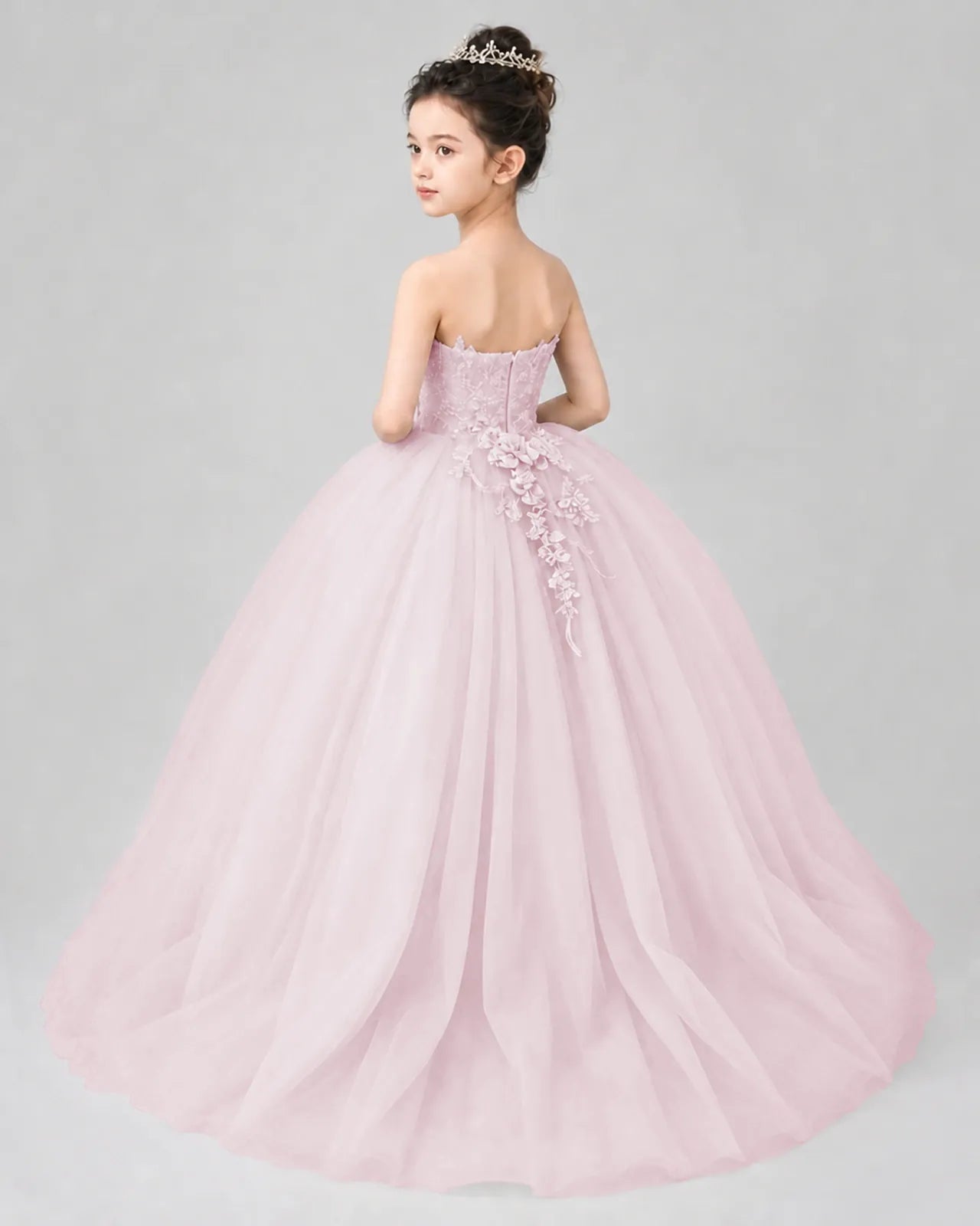 Blush Pink Tulle Ball Gown Pageant Dress Back View