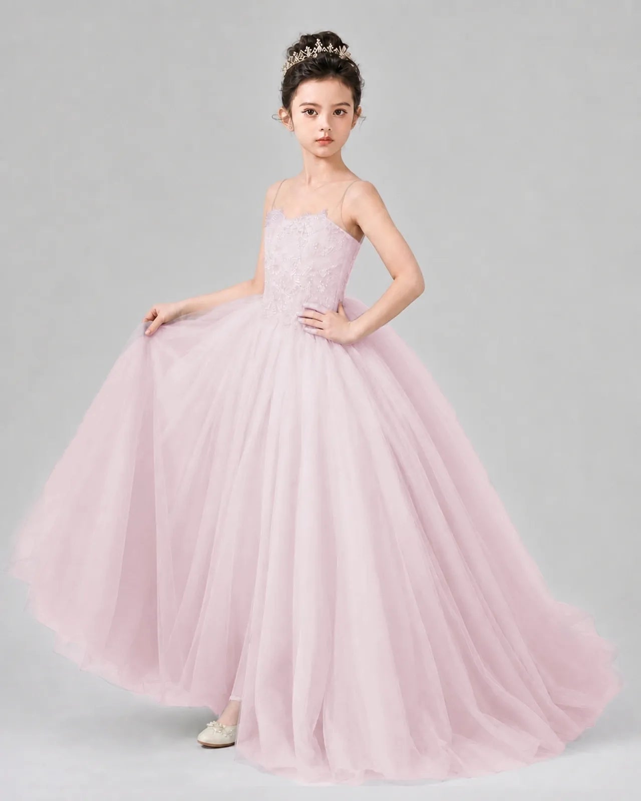 Blush Pink Tulle Ball Gown Pageant Dress Side View