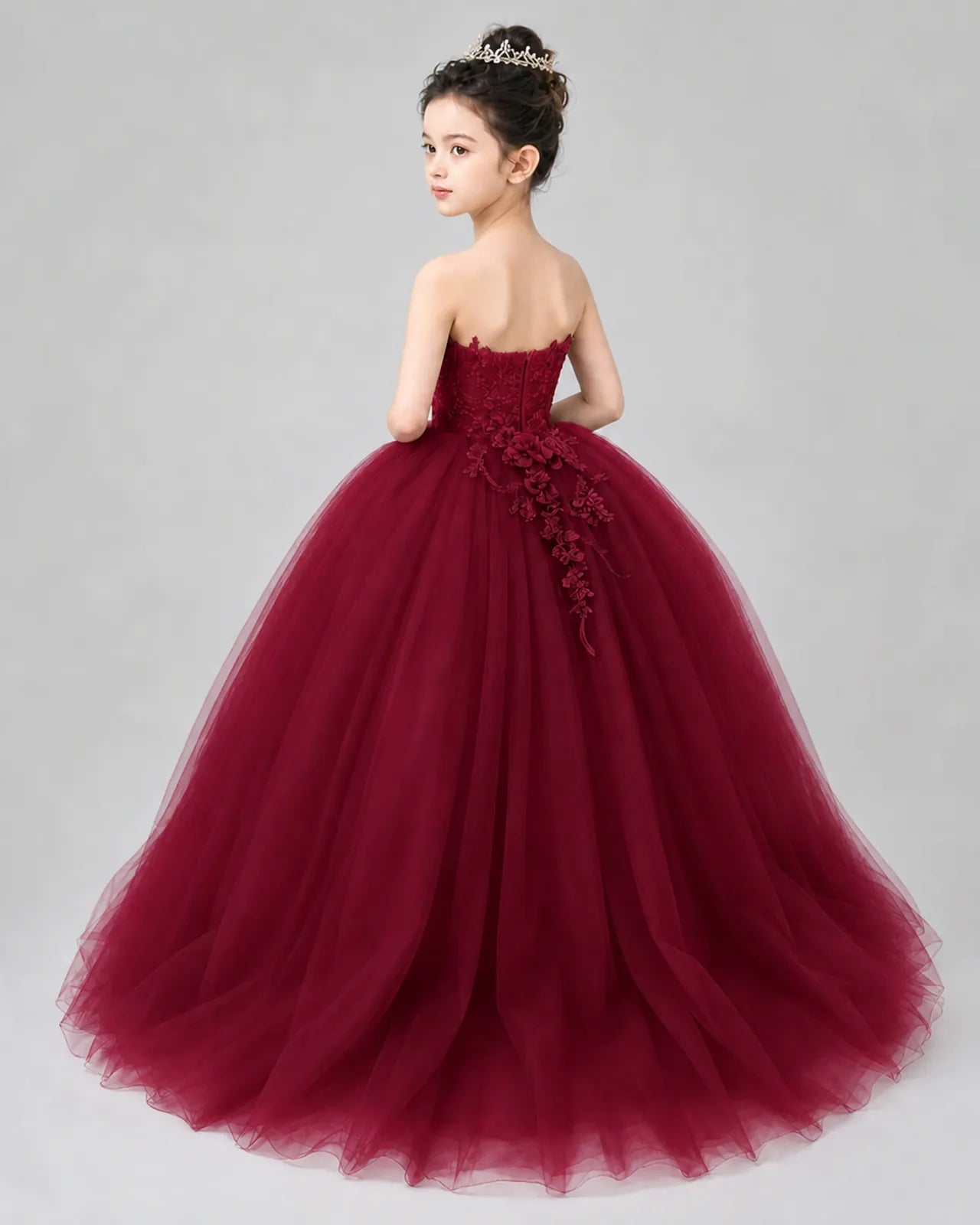 Burgundy Tulle Ball Gown Pageant Dress Back View