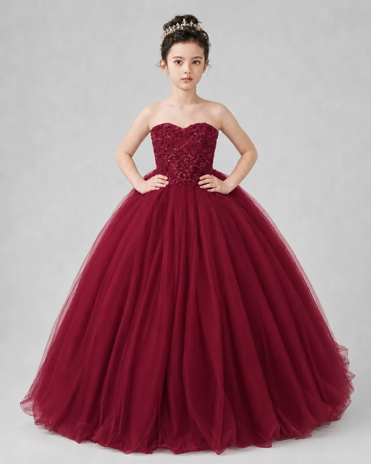 Burgundy Tulle Ball Gown Pageant Dress Front View