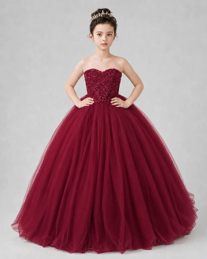 Burgundy Tulle Ball Gown Pageant Dress Front View