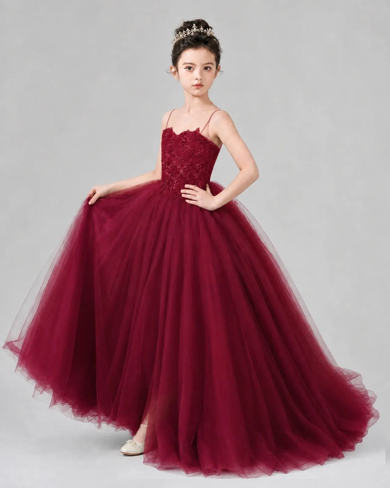 Burgundy Tulle Ball Gown Pageant Dress Side View