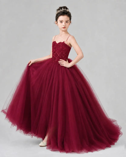 Burgundy Tulle Ball Gown Pageant Dress Side View