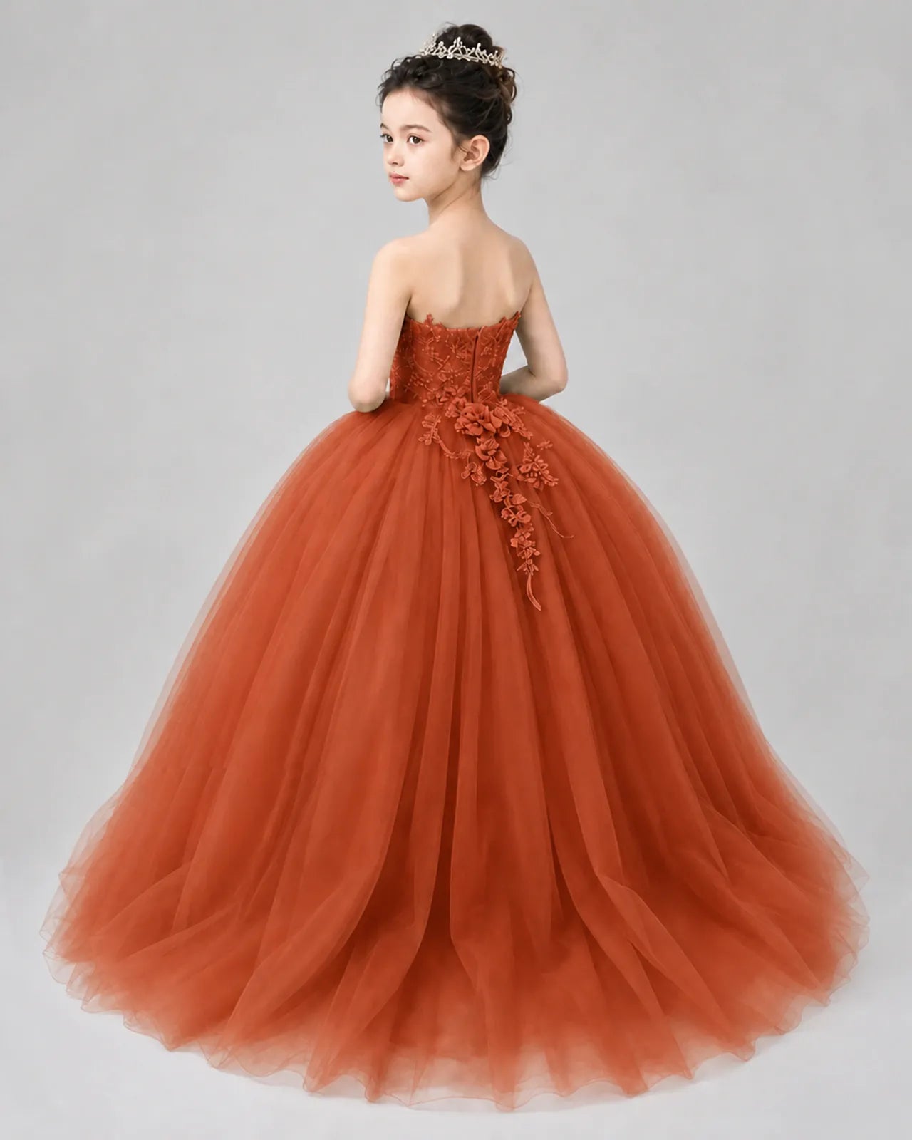 Burnt Orange Tulle Ball Gown Pageant Dress Back View