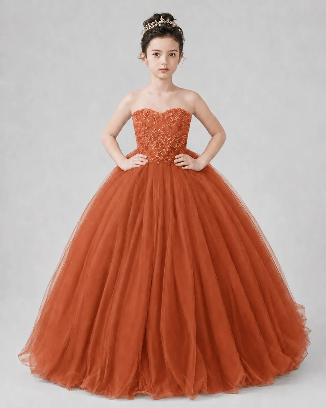 Burnt Orange Tulle Ball Gown Pageant Dress Front View