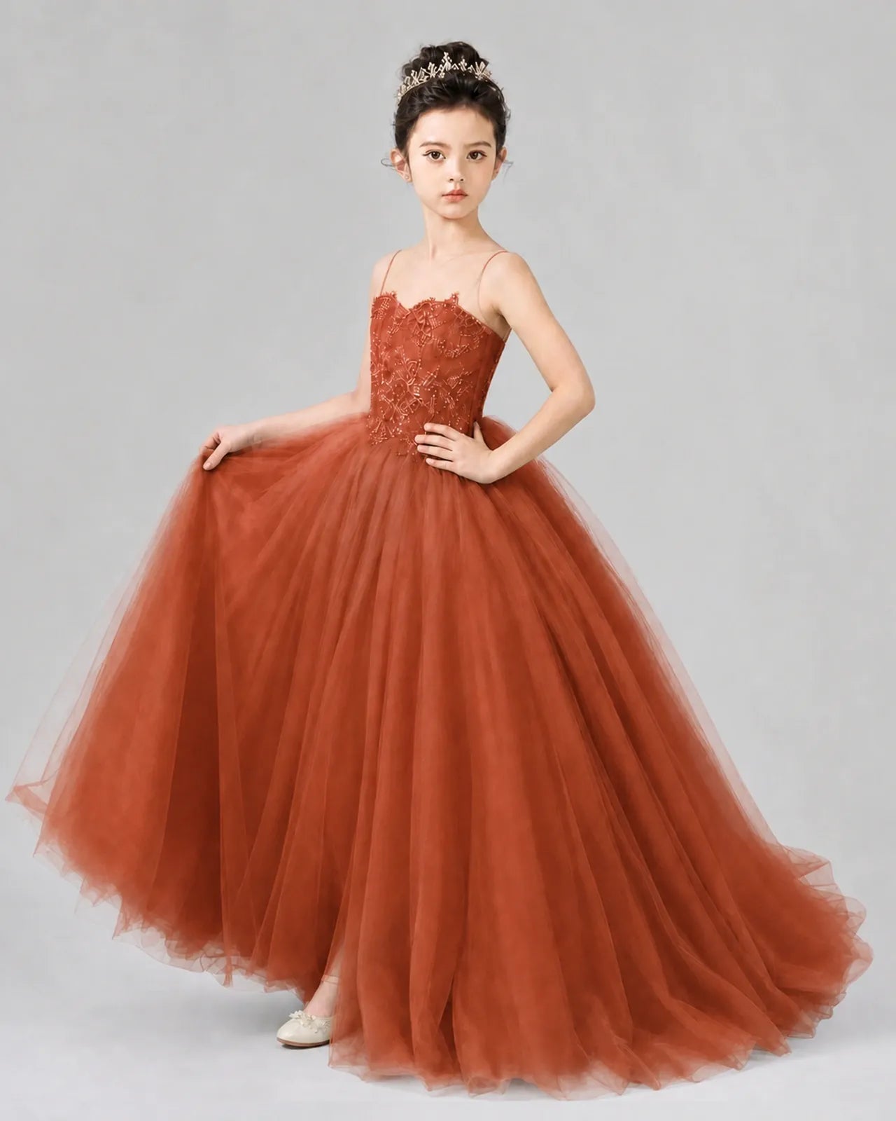 Burnt Orange Tulle Ball Gown Pageant Dress Side View