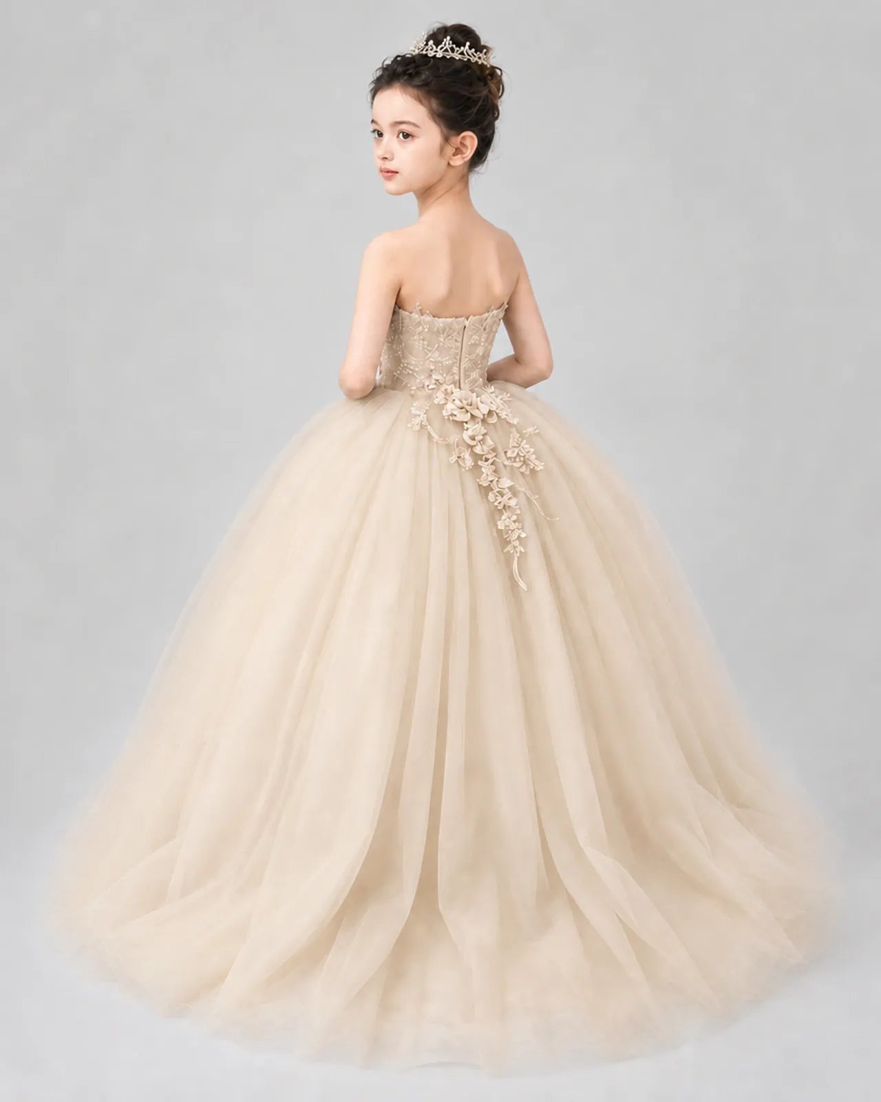 Champagne Tulle Ball Gown Pageant Dress Back View