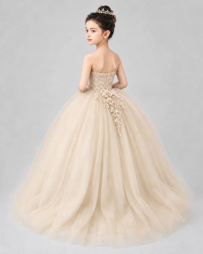 Champagne Tulle Ball Gown Pageant Dress Back View