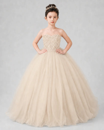 Champagne Tulle Ball Gown Pageant Dress Front View