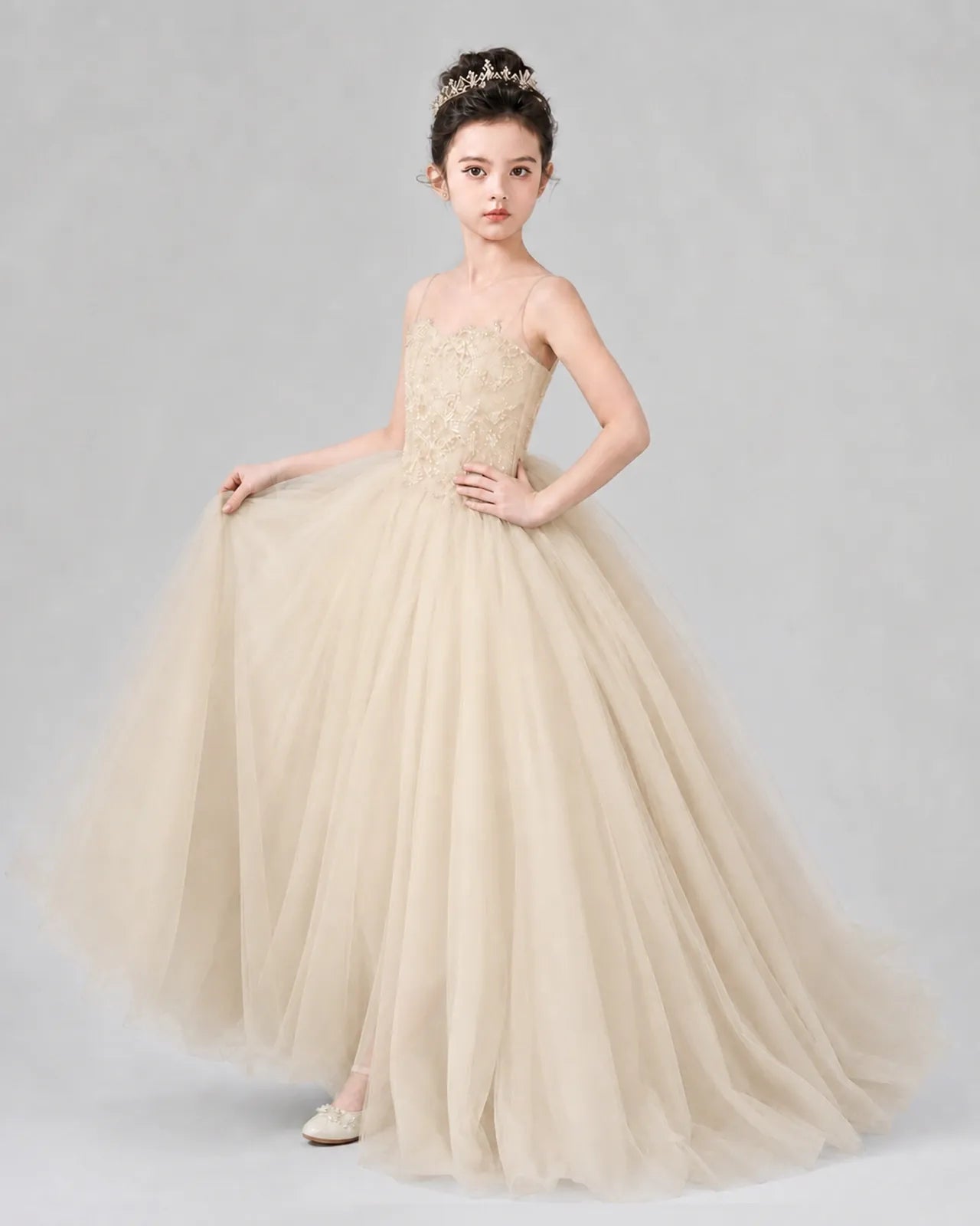 Champagne Tulle Ball Gown Pageant Dress Side View