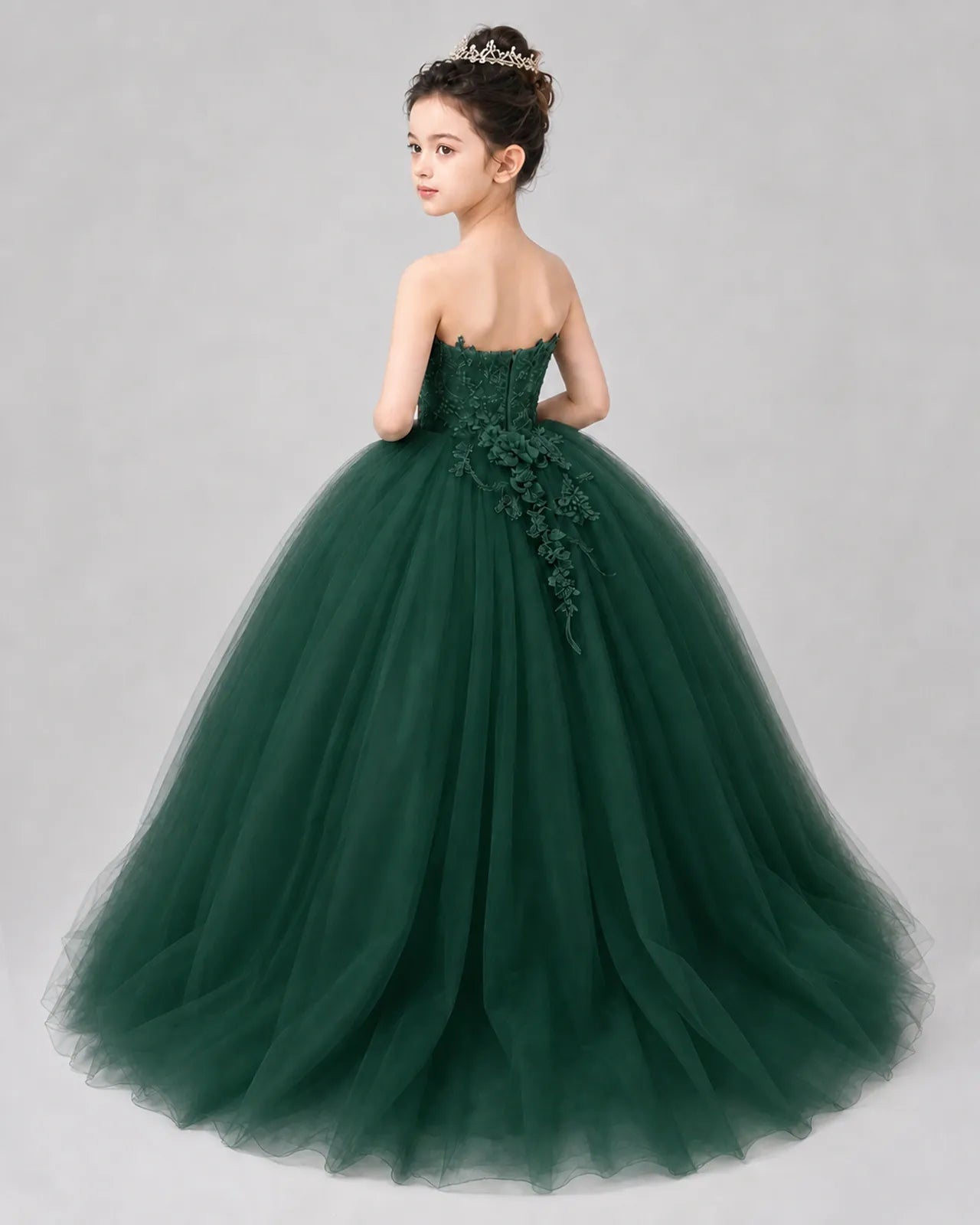 Dark Green Tulle Ball Gown Pageant Dress Back View