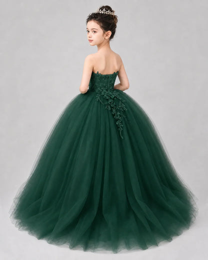 Dark Green Tulle Ball Gown Pageant Dress Back View