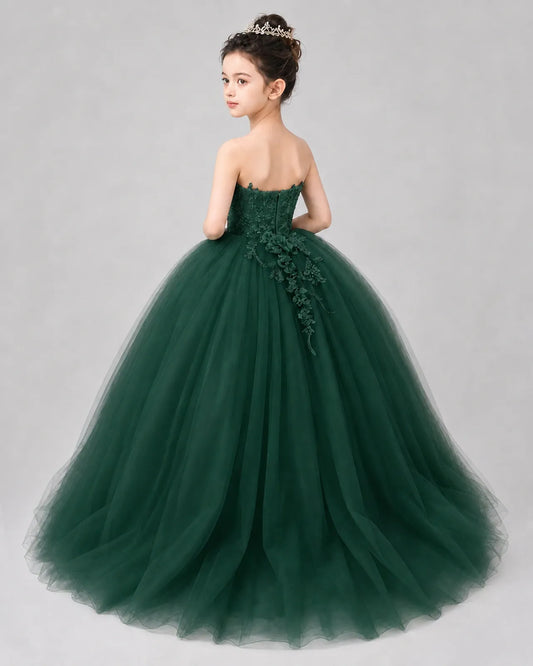 Dark Green Tulle Ball Gown Pageant Dress Back View