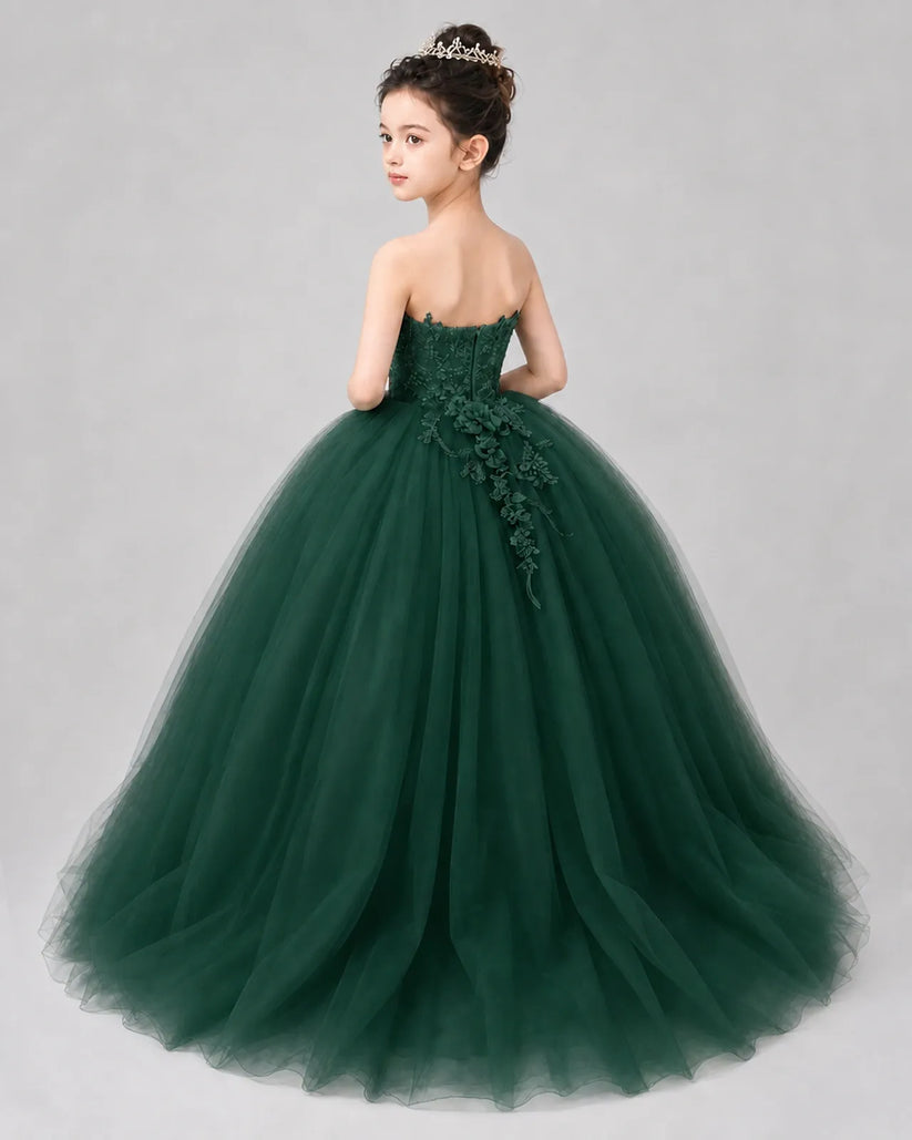 Dark Green Tulle Ball Gown Pageant Dress Back View