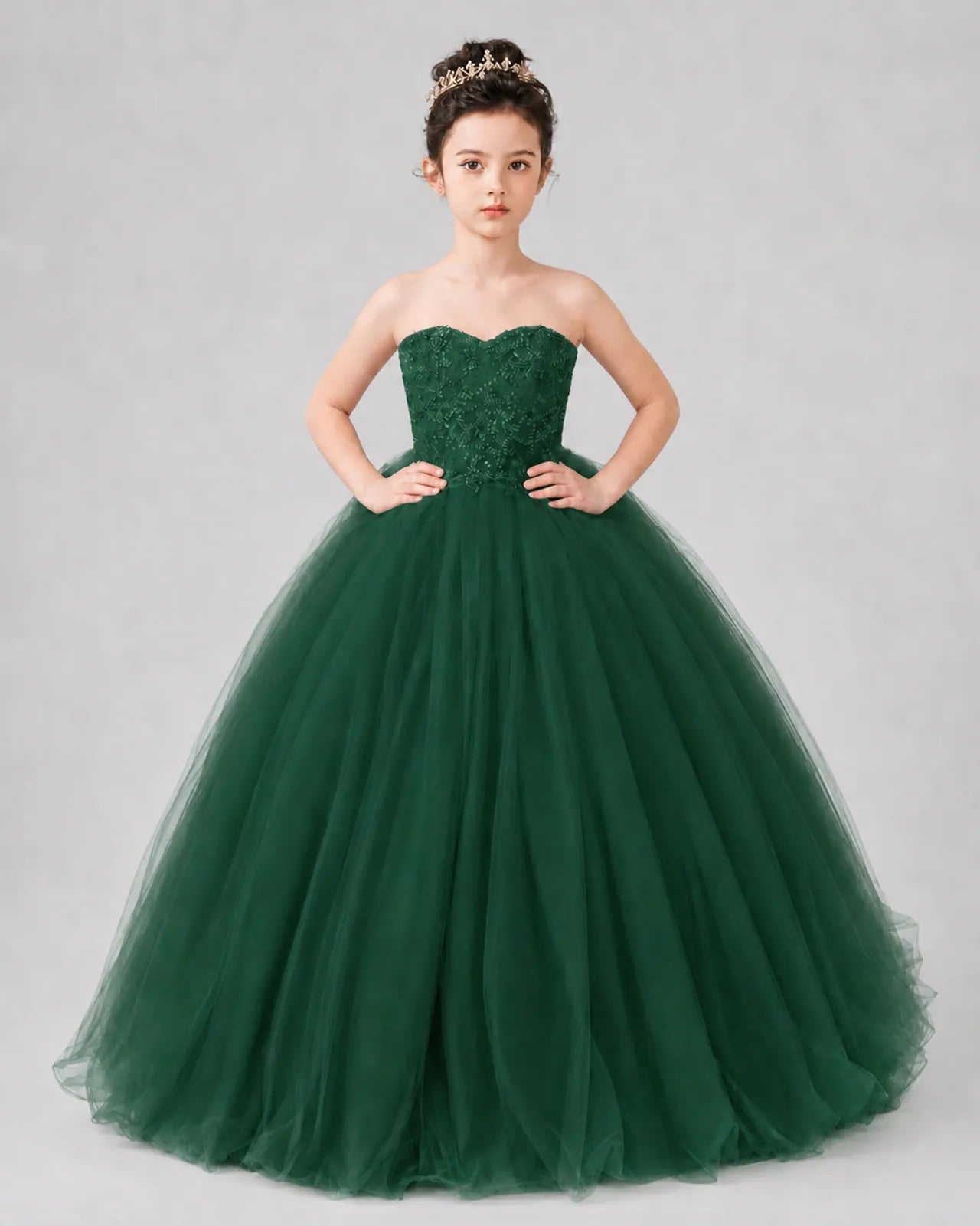 Dark Green Tulle Ball Gown Pageant Dress Front View