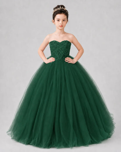 Dark Green Tulle Ball Gown Pageant Dress Front View