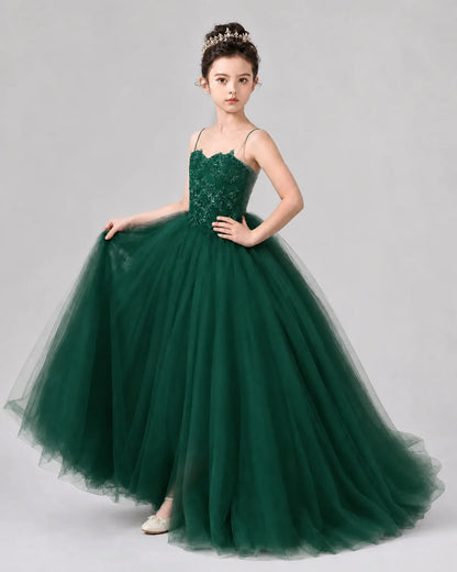 Dark Green Tulle Ball Gown Pageant Dress Side View