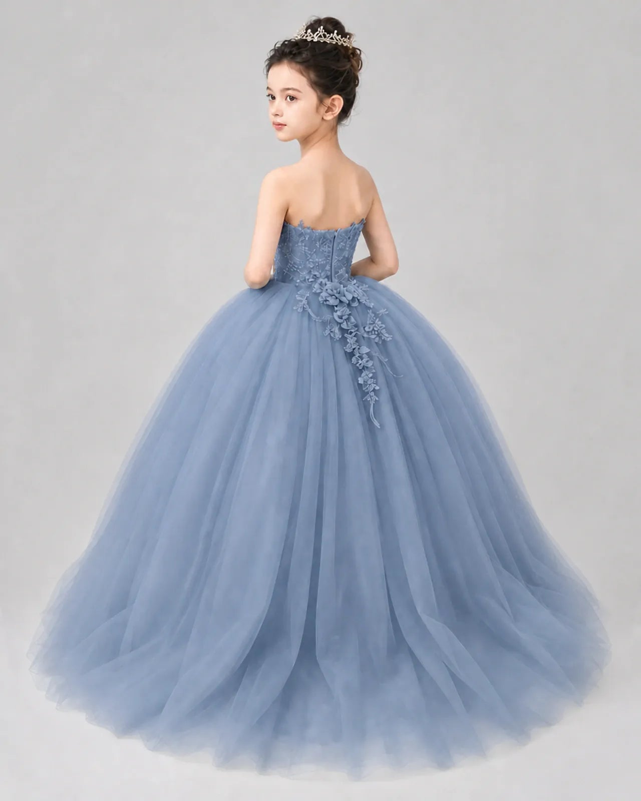 Dusty Blue Tulle Ball Gown Pageant Dress Back View