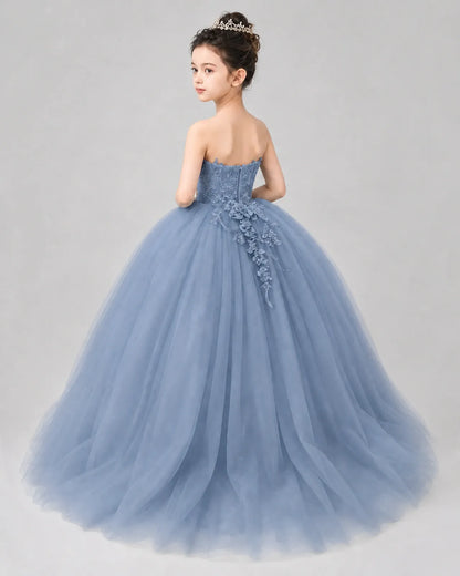 Dusty Blue Tulle Ball Gown Pageant Dress Back View