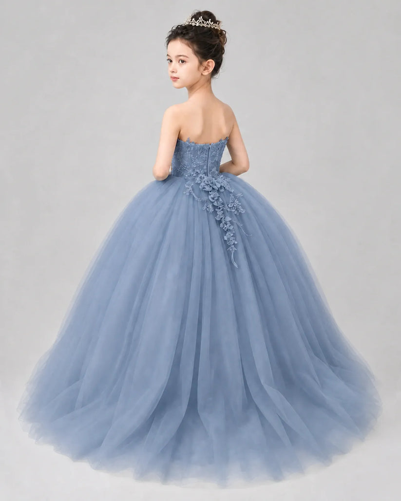Dusty Blue Tulle Ball Gown Pageant Dress Back View