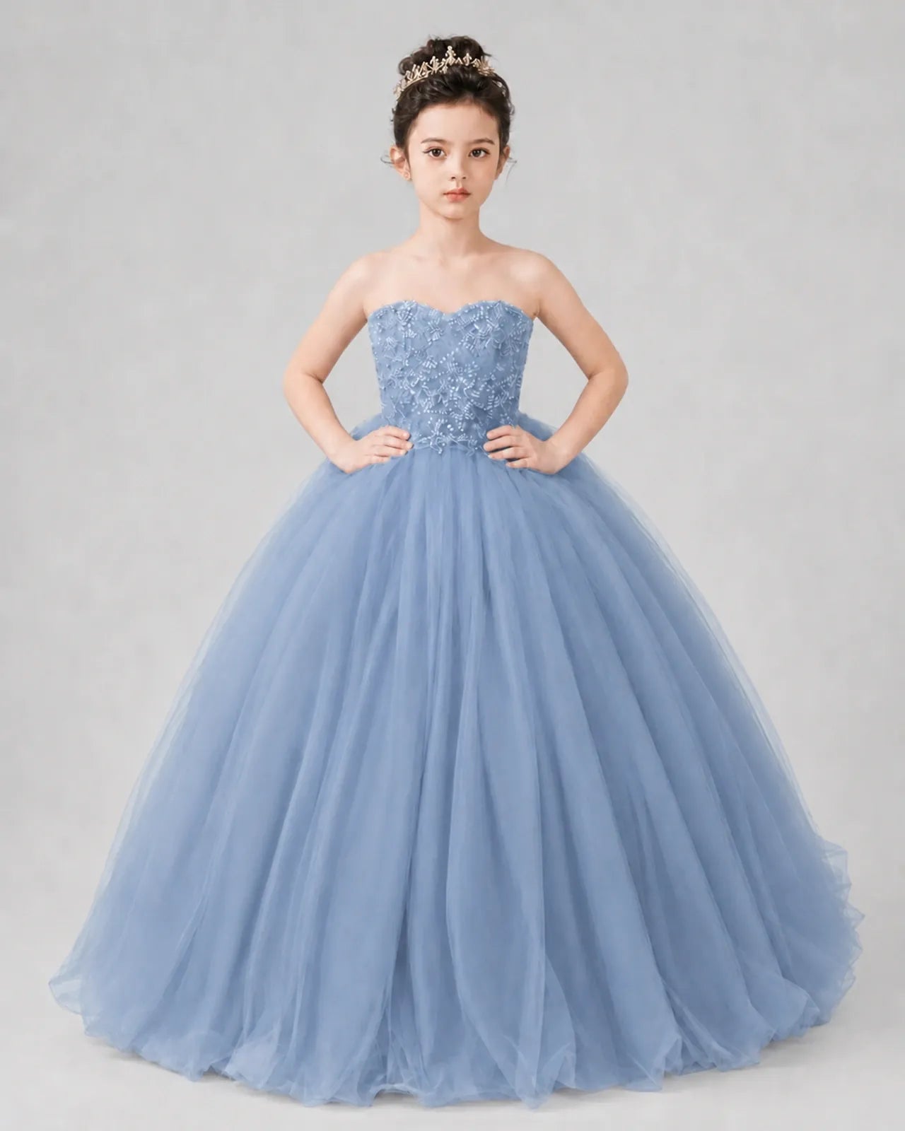 Dusty Blue Tulle Ball Gown Pageant Dress Front View