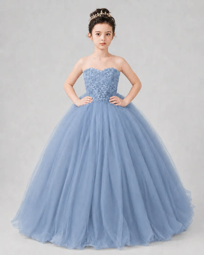 Dusty Blue Tulle Ball Gown Pageant Dress Front View