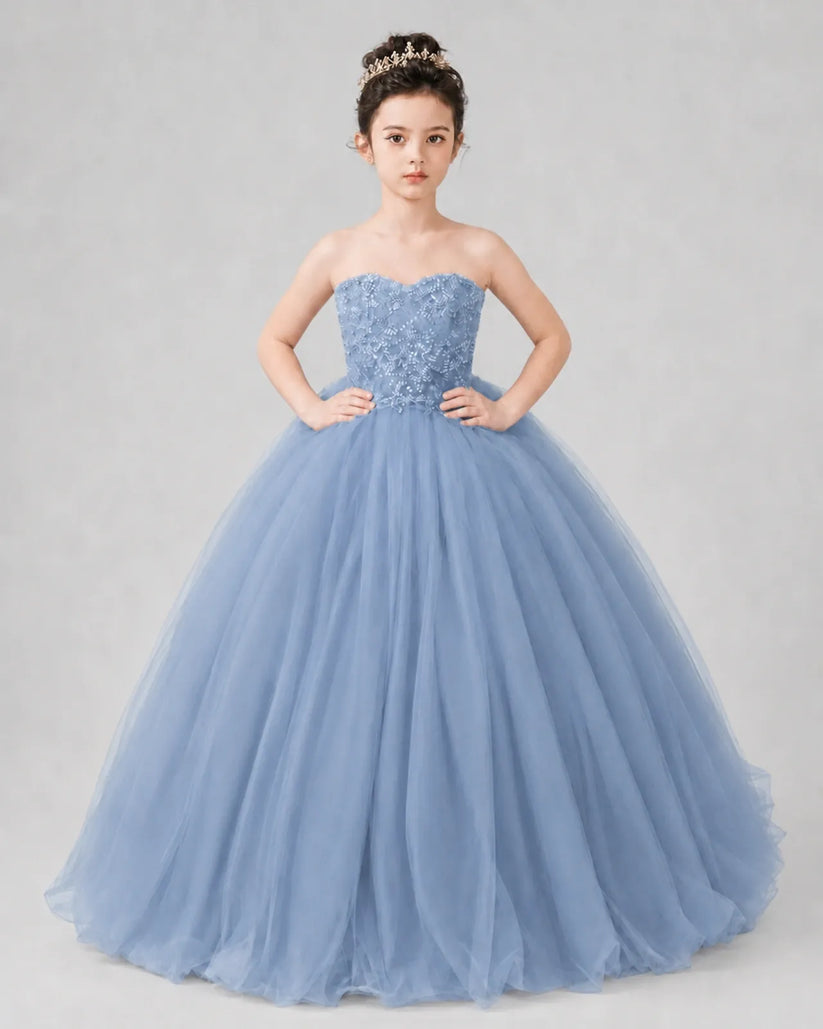Dusty Blue Tulle Ball Gown Pageant Dress Front View