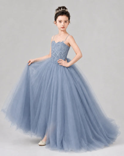 Dusty Blue Tulle Ball Gown Pageant Dress Side View