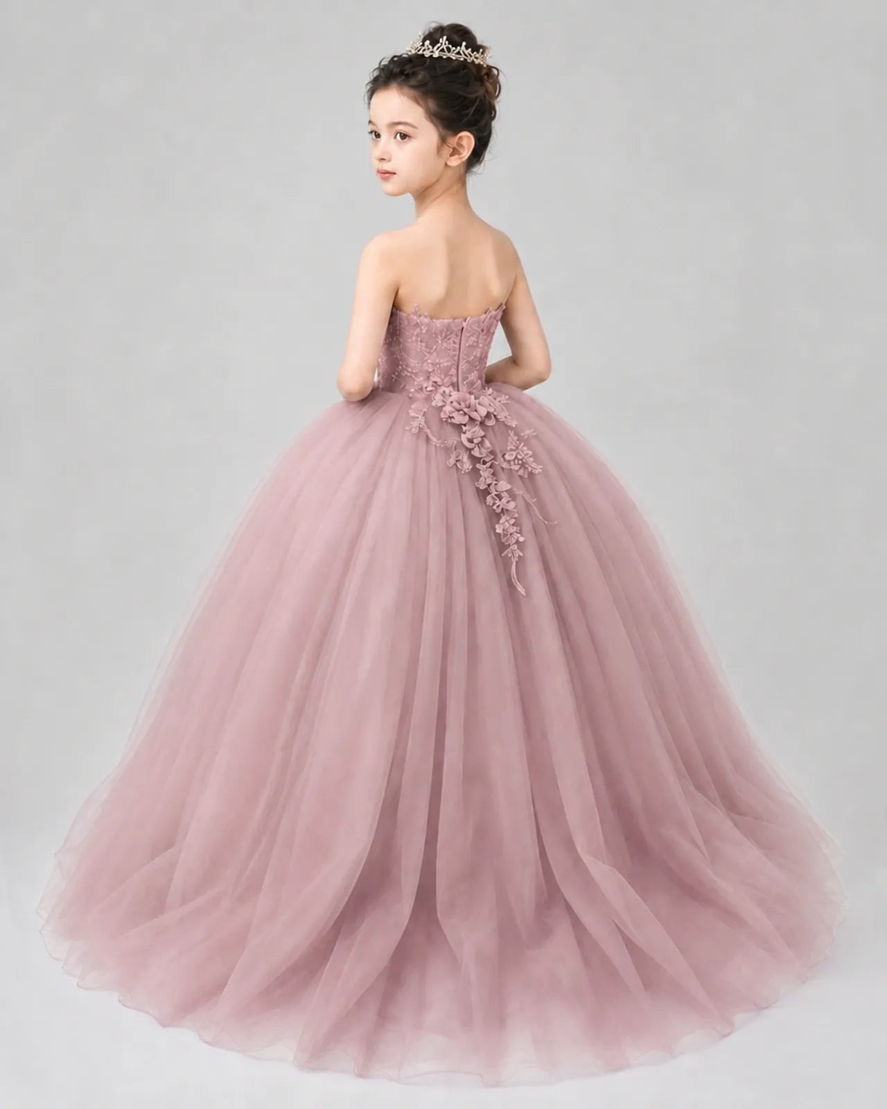 Dusty Rose Tulle Ball Gown Pageant Dress Back View