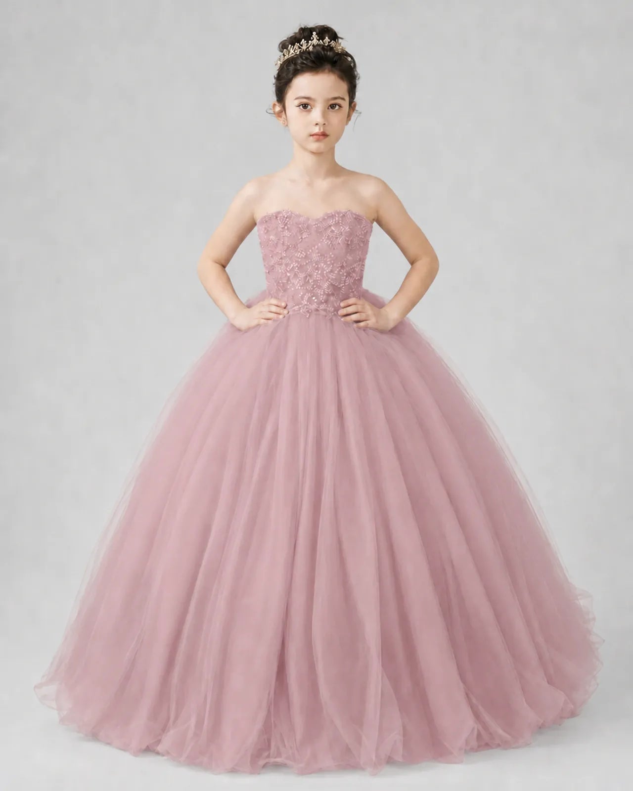 Dusty Rose Tulle Ball Gown Pageant Dress Front View
