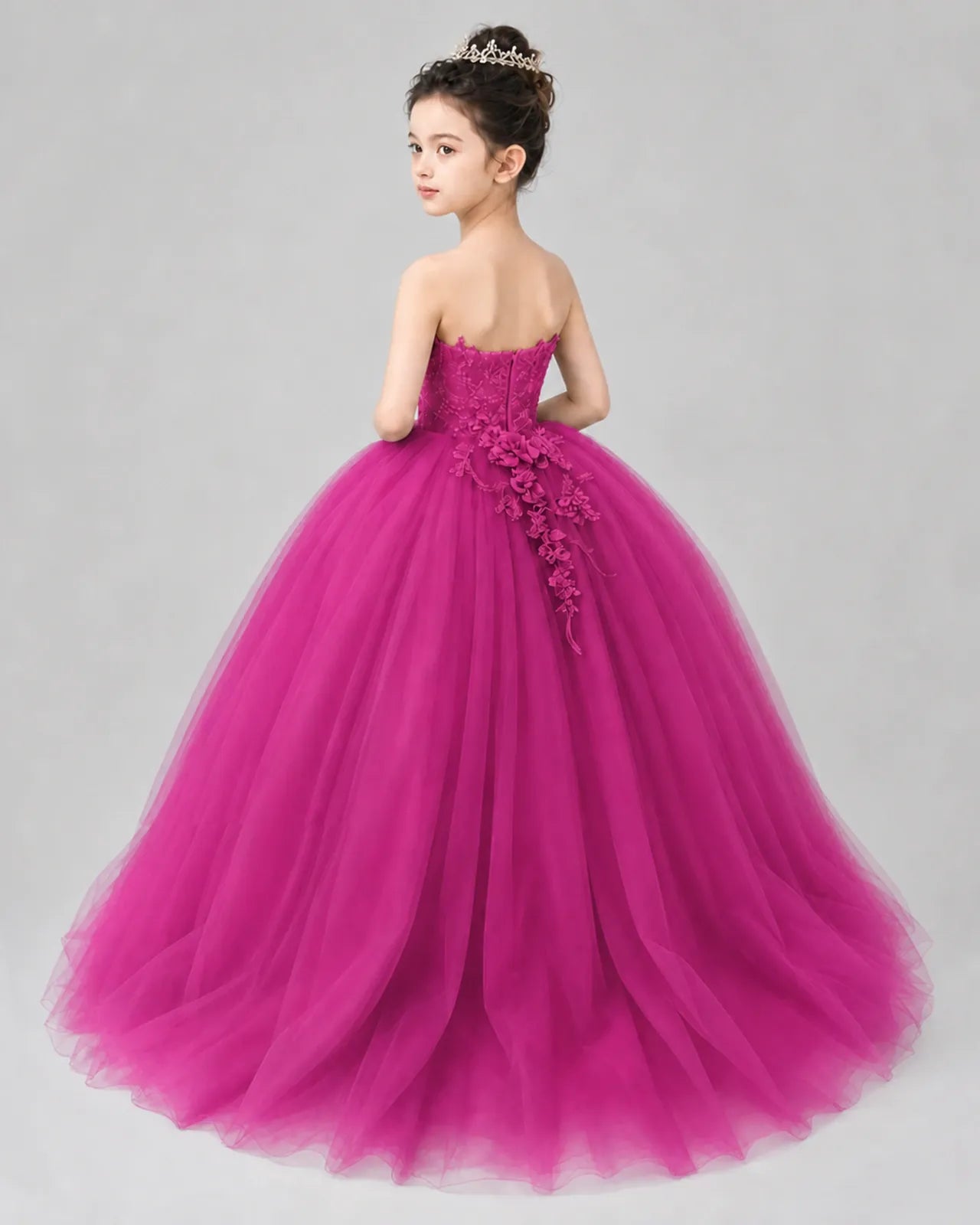 Hot Pink Tulle Ball Gown Pageant Dress Back View