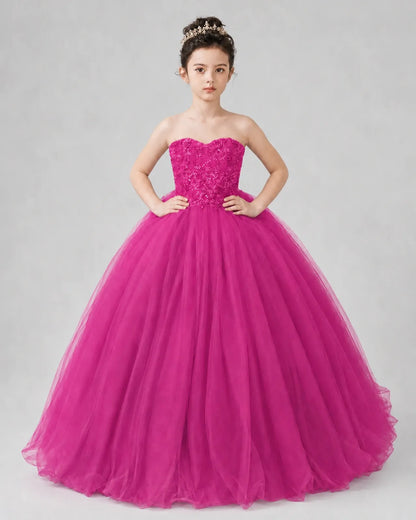 Hot Pink Tulle Ball Gown Pageant Dress Front View