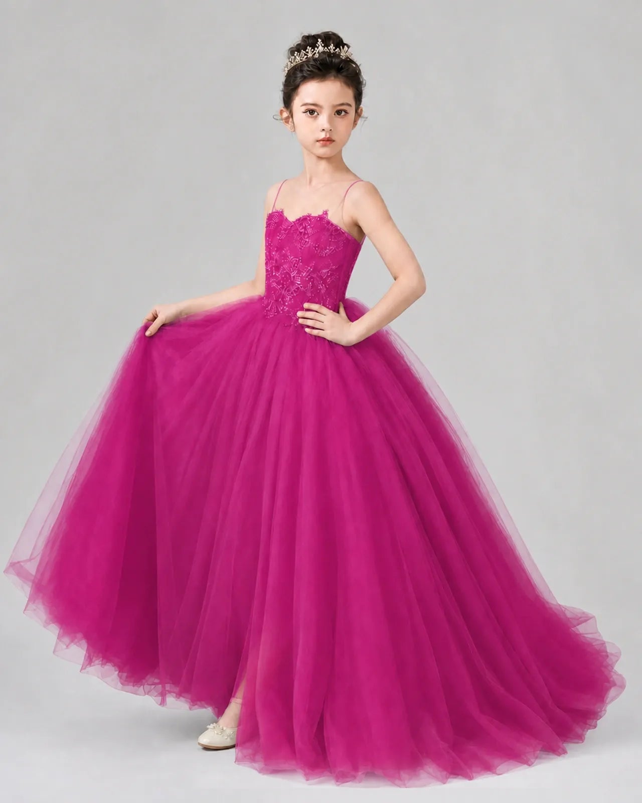 Hot Pink Tulle Ball Gown Pageant Dress Side View