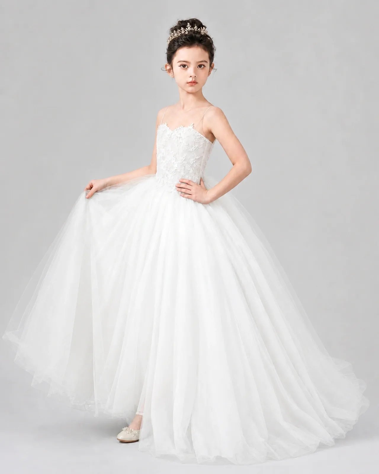 Ivory Tulle Ball Gown Pageant Dress Side View