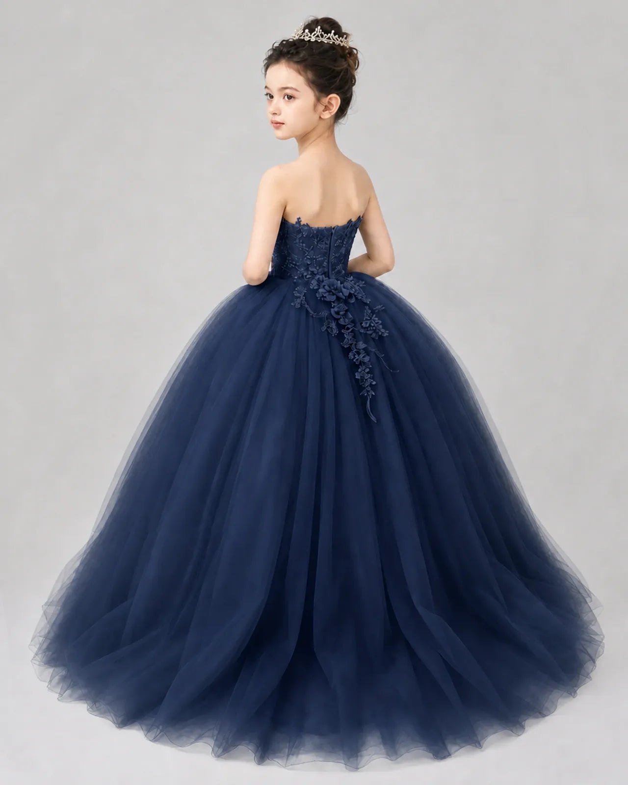 Navy Blue Tulle Ball Gown Pageant Dress Back View