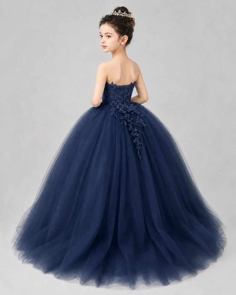 Navy Blue Tulle Ball Gown Pageant Dress Back View