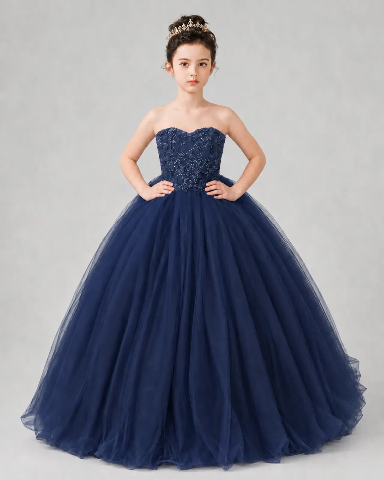 Navy Blue Tulle Ball Gown Pageant Dress Front View