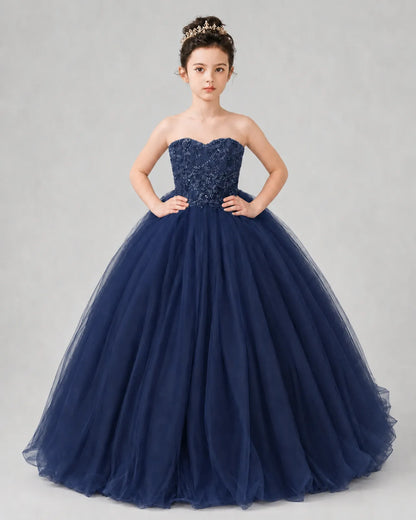 Navy Blue Tulle Ball Gown Pageant Dress Front View