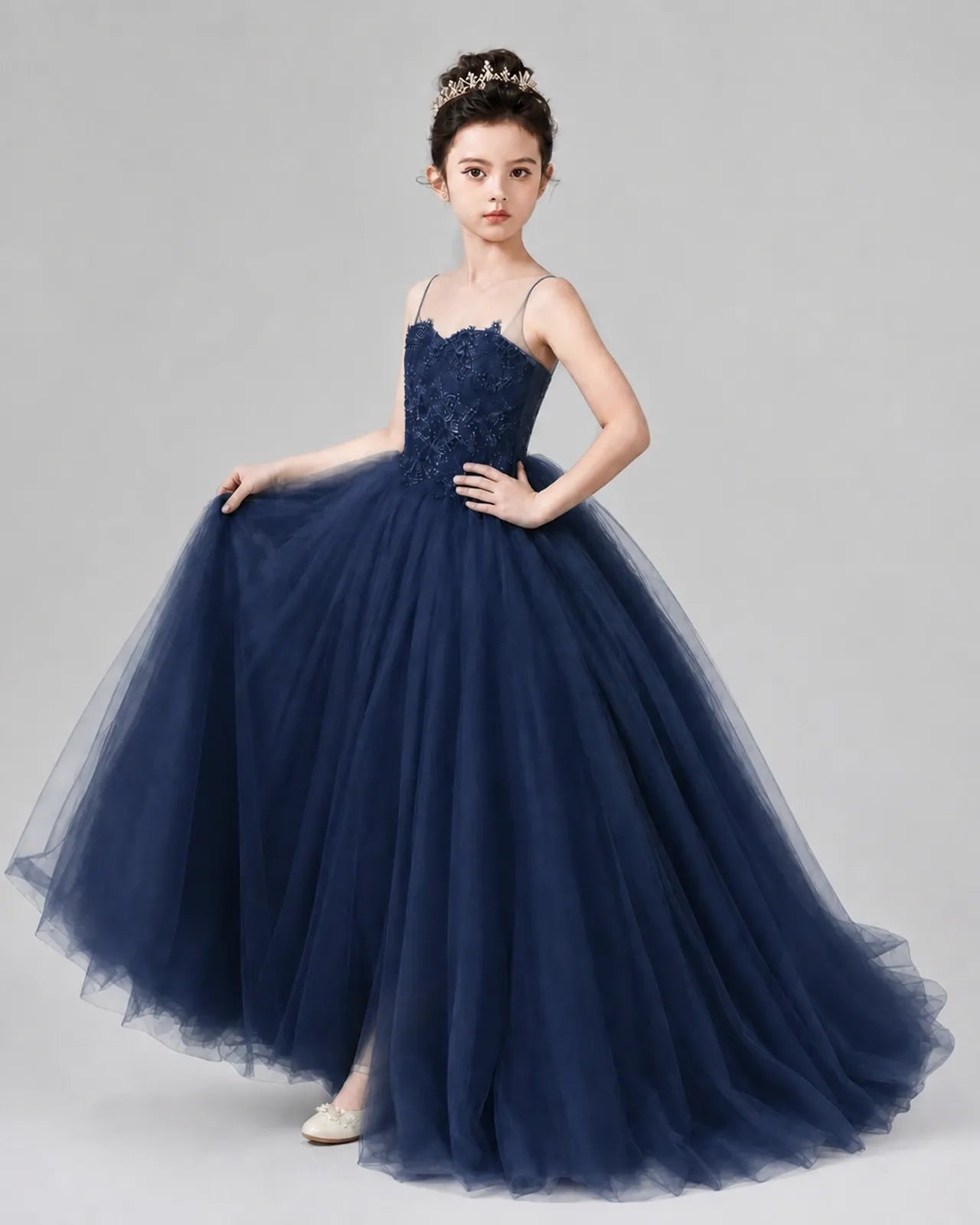 Navy Blue Tulle Ball Gown Pageant Dress Side View