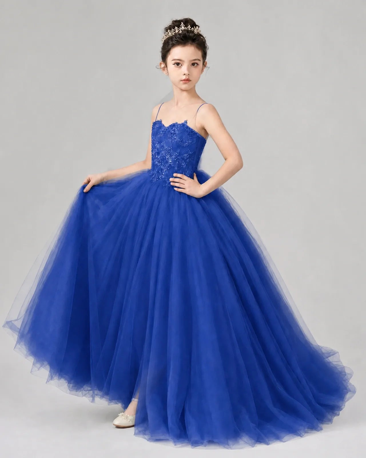 Royal Blue Tulle Ball Gown Pageant Dress Side View