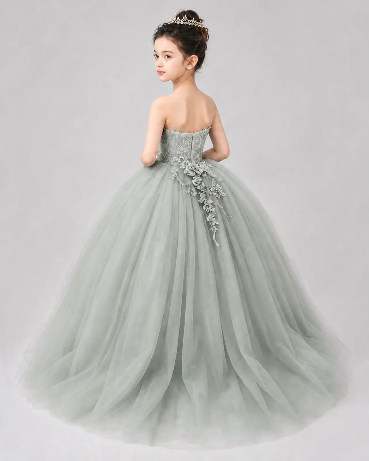 Sage Green Tulle Ball Gown Pageant Dress Back View