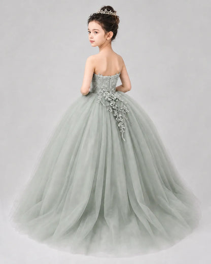 Sage Green Tulle Ball Gown Pageant Dress Back View