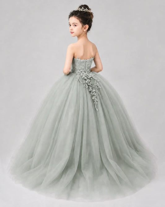 Sage Green Tulle Ball Gown Pageant Dress Back View