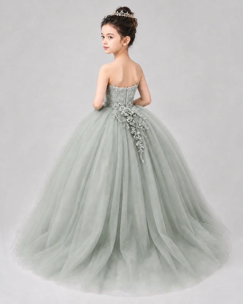 Sage Green Tulle Ball Gown Pageant Dress Back View
