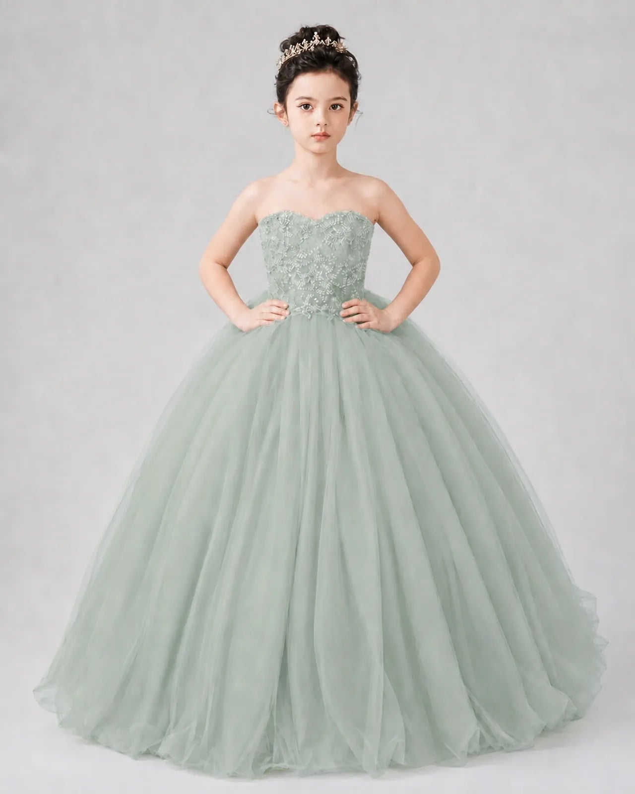 Sage Green Tulle Ball Gown Pageant Dress Front View
