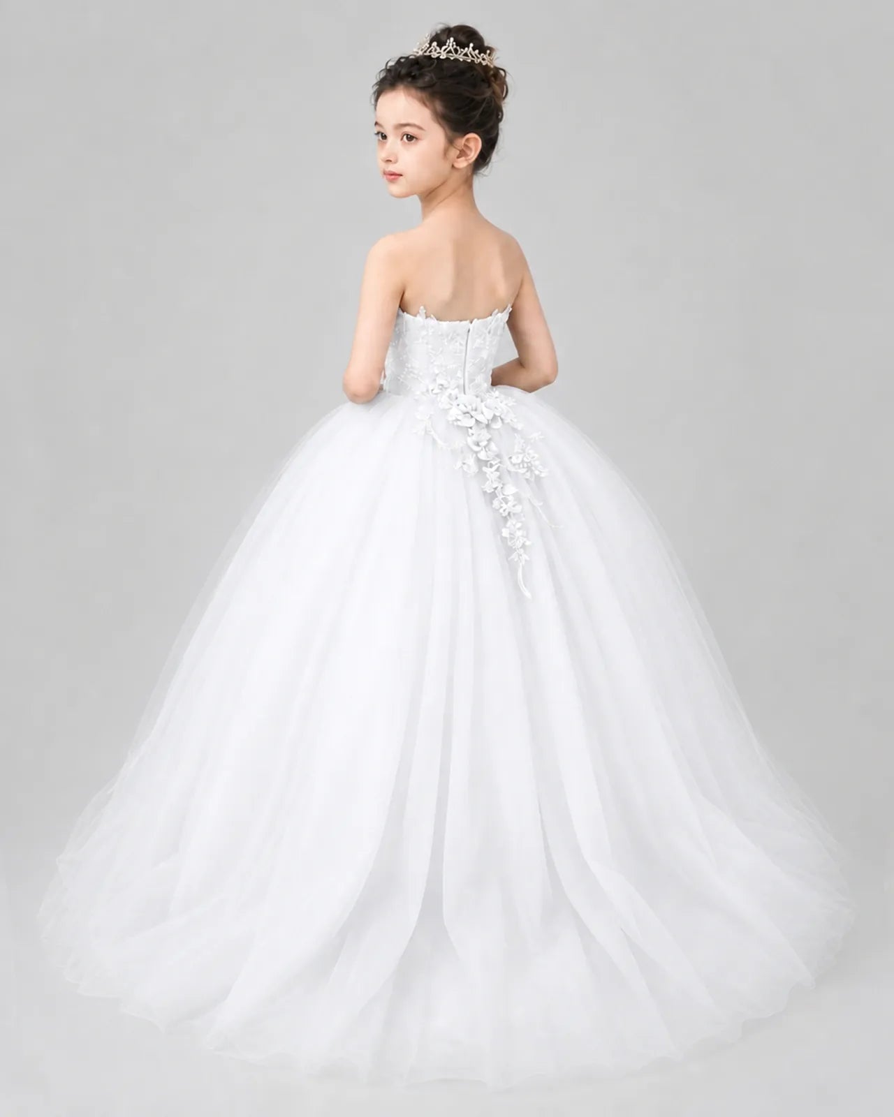 White Tulle Ball Gown Pageant Dress Back View